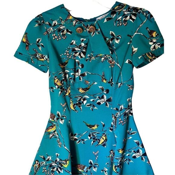 Hell Bunny Womens Blue Green Birdy Round Neck Short Sleeve A Line Dress X-Small - Picture 4 of 14